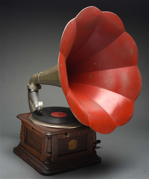 COLUMBIA DISC GRAPHOPHONE WITH 9 PANEL MORNING GLORY HORN.
