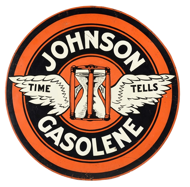 VERY RARE JOHNSON GASOLINE TIME TELLS TIN CURB SIGN WITH WING GRAPHIC.