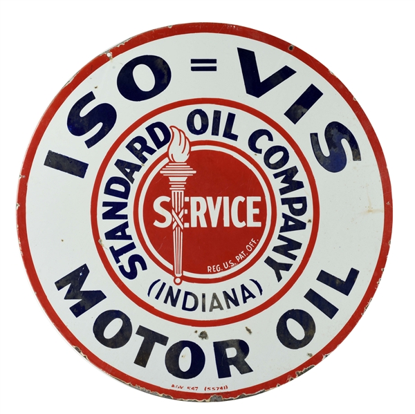 STANDARD OIL OF INDIANA ISO VIS MOTOR OIL RED DOT PORCELAIN CURB SIGN.