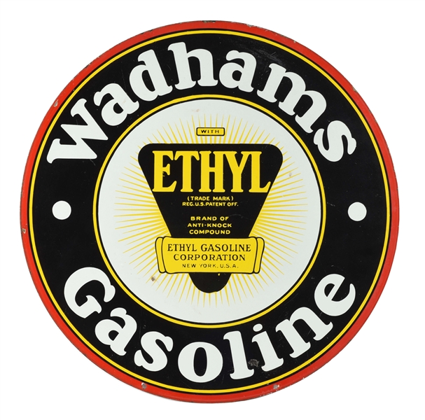 WADHAMS GASOLINE PORCELAIN CURB SIGN WITH ETHYL BURST GRAPHIC.