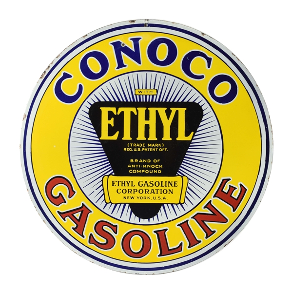 RARE CONOCO ETHYL GASOLINE PORCELAIN CURB SIGN WITH ETHYL BURST GRAPHIC.