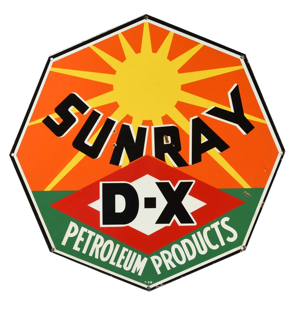 DX SUNRAY GASOLINE & PETROLEUM PRODUCTS PORCELAIN CURB SIGN.