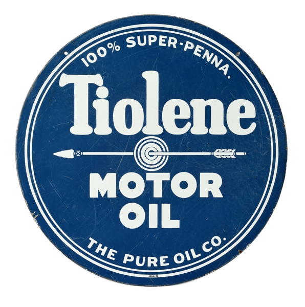 PURE OIL CO. TIOLENE MOTOR OIL PORCELAIN CURB SIGN WITH ARROW GRAPHIC.