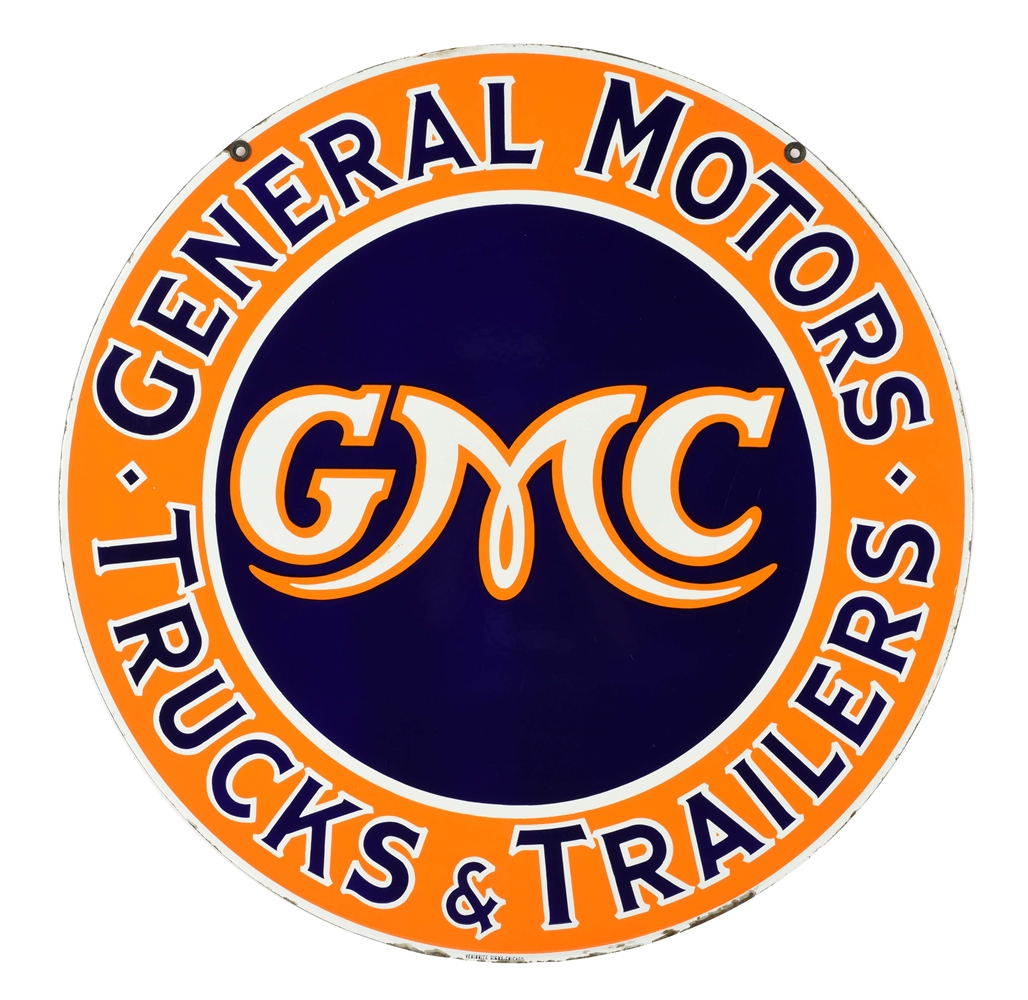 INCREDIBLE GENERAL MOTORS GMC TRUCKS & TRAILERS PORCELAIN DEALER SIGN.