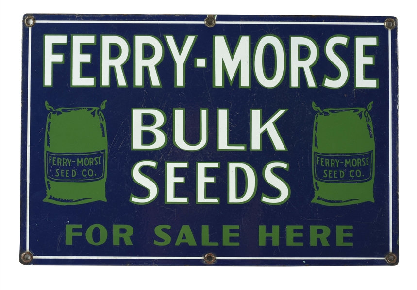 FERRY MORSE BULK SEEDS FOR SALE HERE COUNTRY STORE PORCELAIN SIGN WITH SEED BAG GRAPHIC.