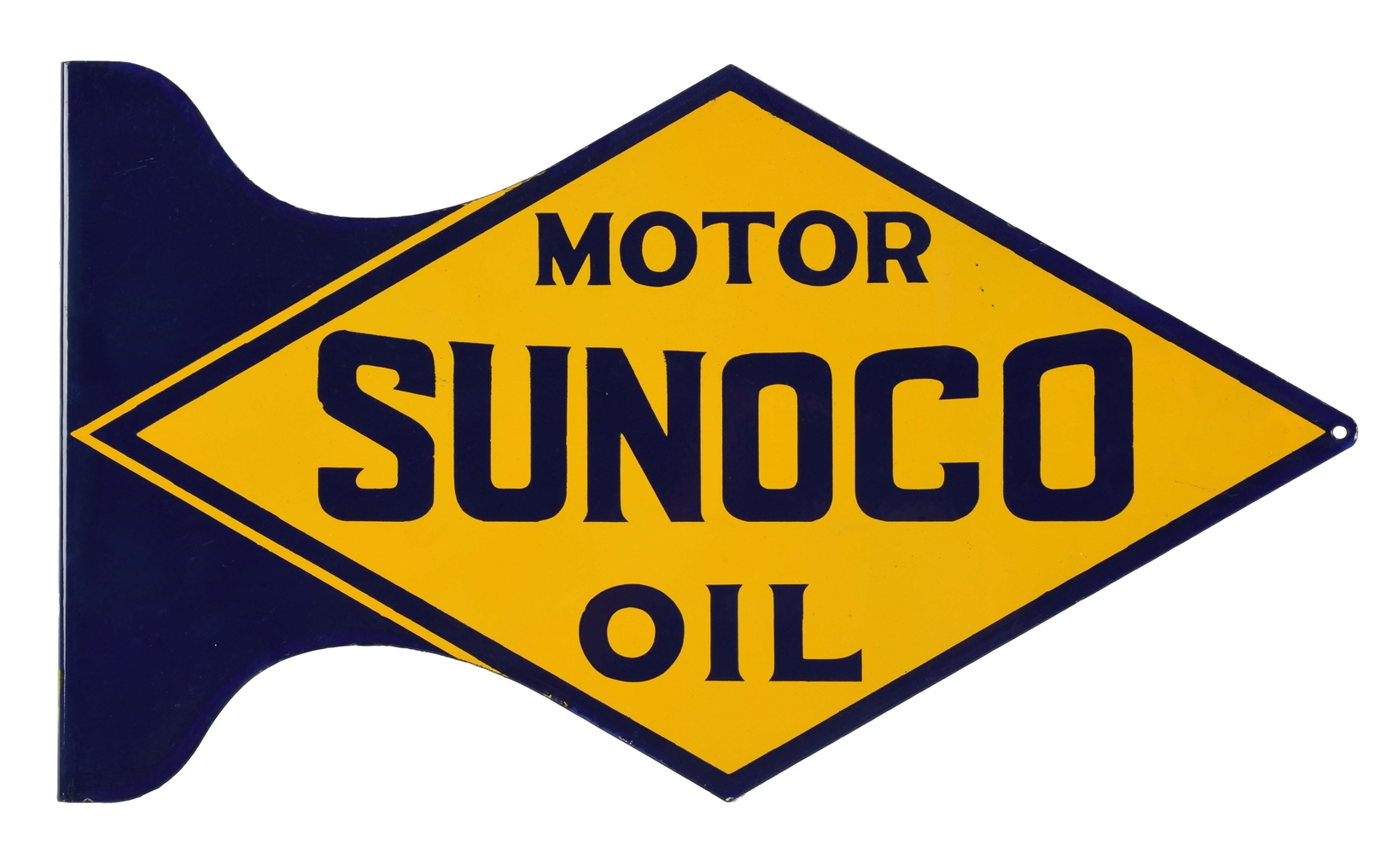 NEW OLD STOCK SUNOCO MOTOR OIL DIE CUT PORCELAIN FLANGE SIGN.