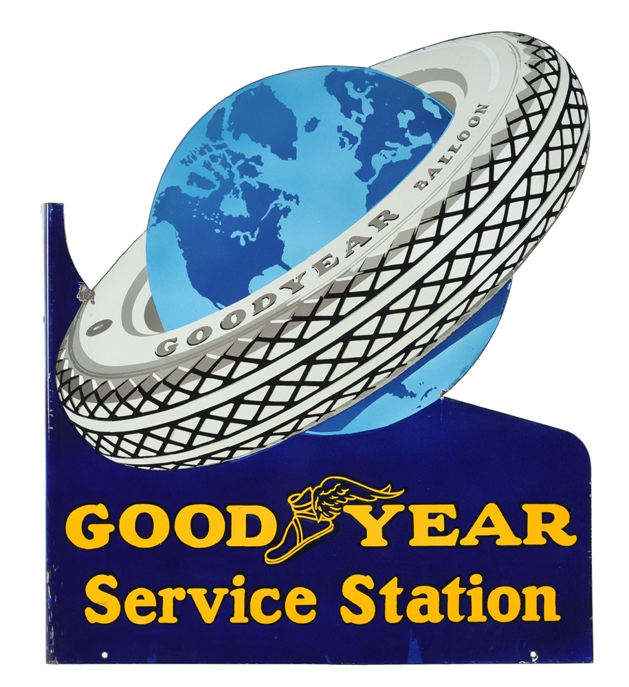 GOODYEAR TIRES SERVICE STATION DIE-CUT PORCELAIN FLANGE SIGN WITH TIRE & GLOBE GRAPHIC.