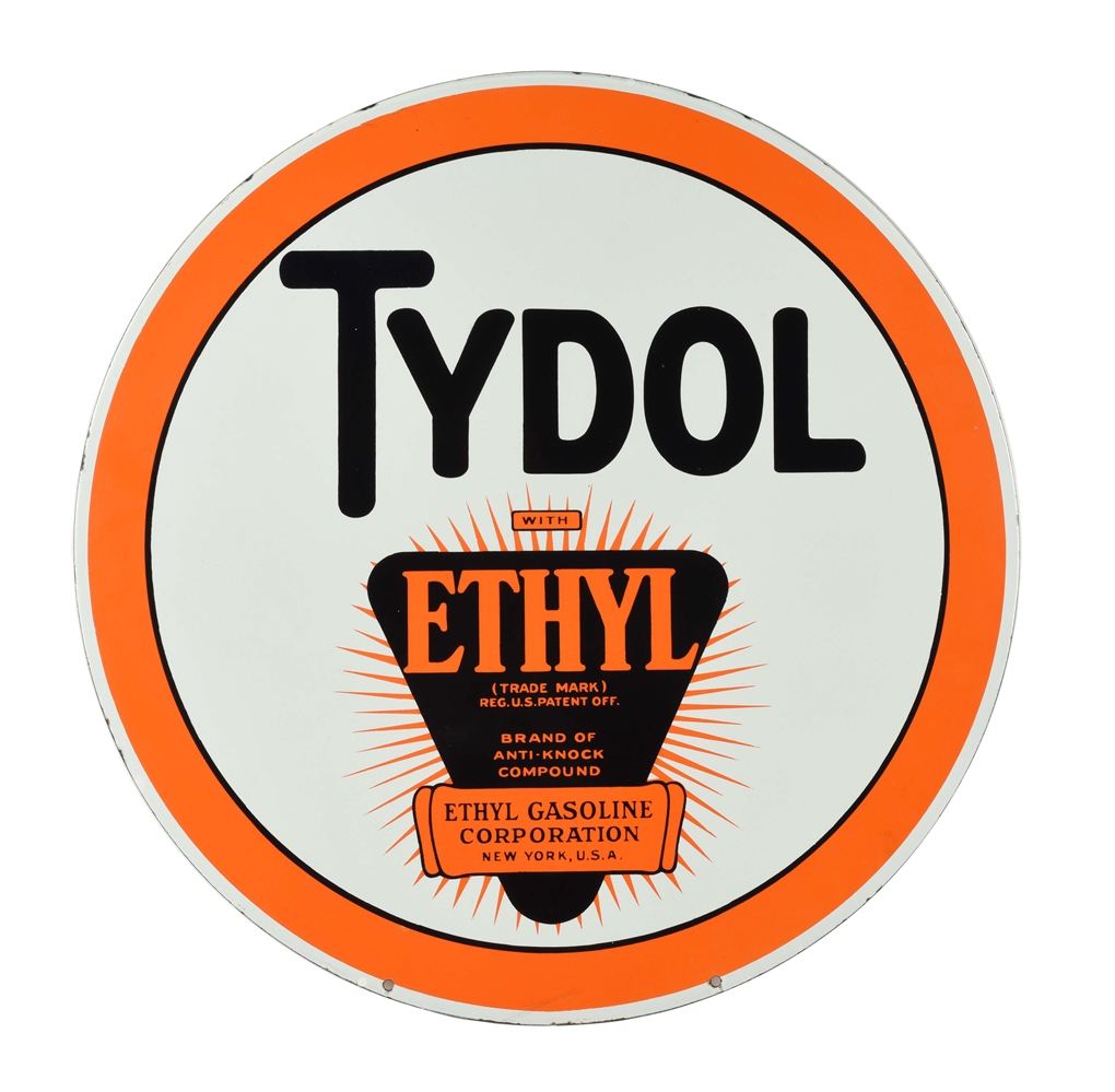 INCREDIBLE TYDOL ETHYL PORCELAIN CURB SIGN WITH ETHYL BURST GRAPHIC.