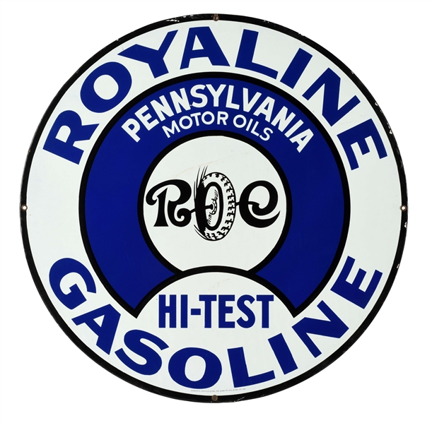 INCREDIBLE ROYALINE HI TEST GASOLINE PORCELAIN CURB SIGN WITH TIRE GRAPHIC.