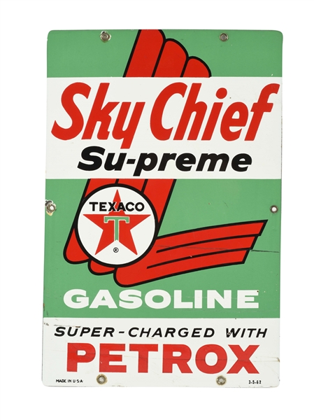 SKY CHIEF SUPREME GASOLINE WITH PETROX PORCELAIN PUMP SIGN.
