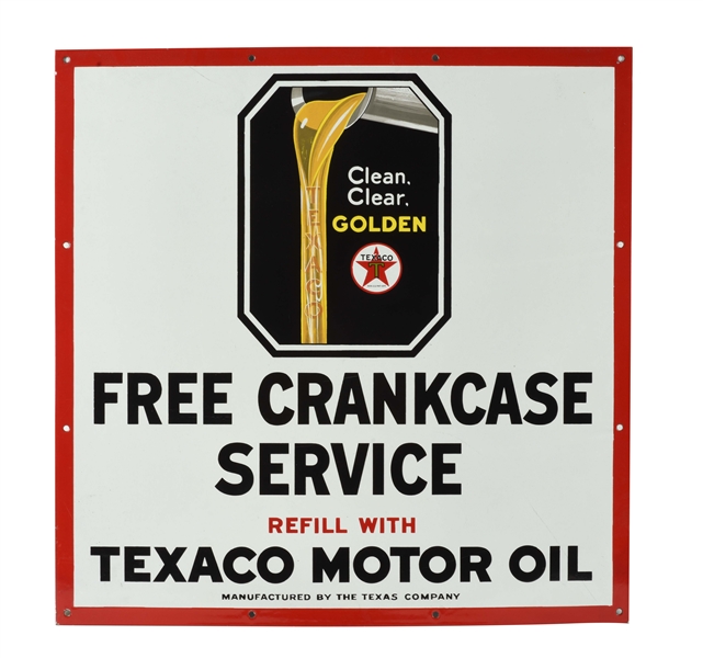 NEW OLD STOCK TEXACO MOTOR OIL FREE CRANKCASE SERVICE PORCELAIN SERVICE STATION SIGN.