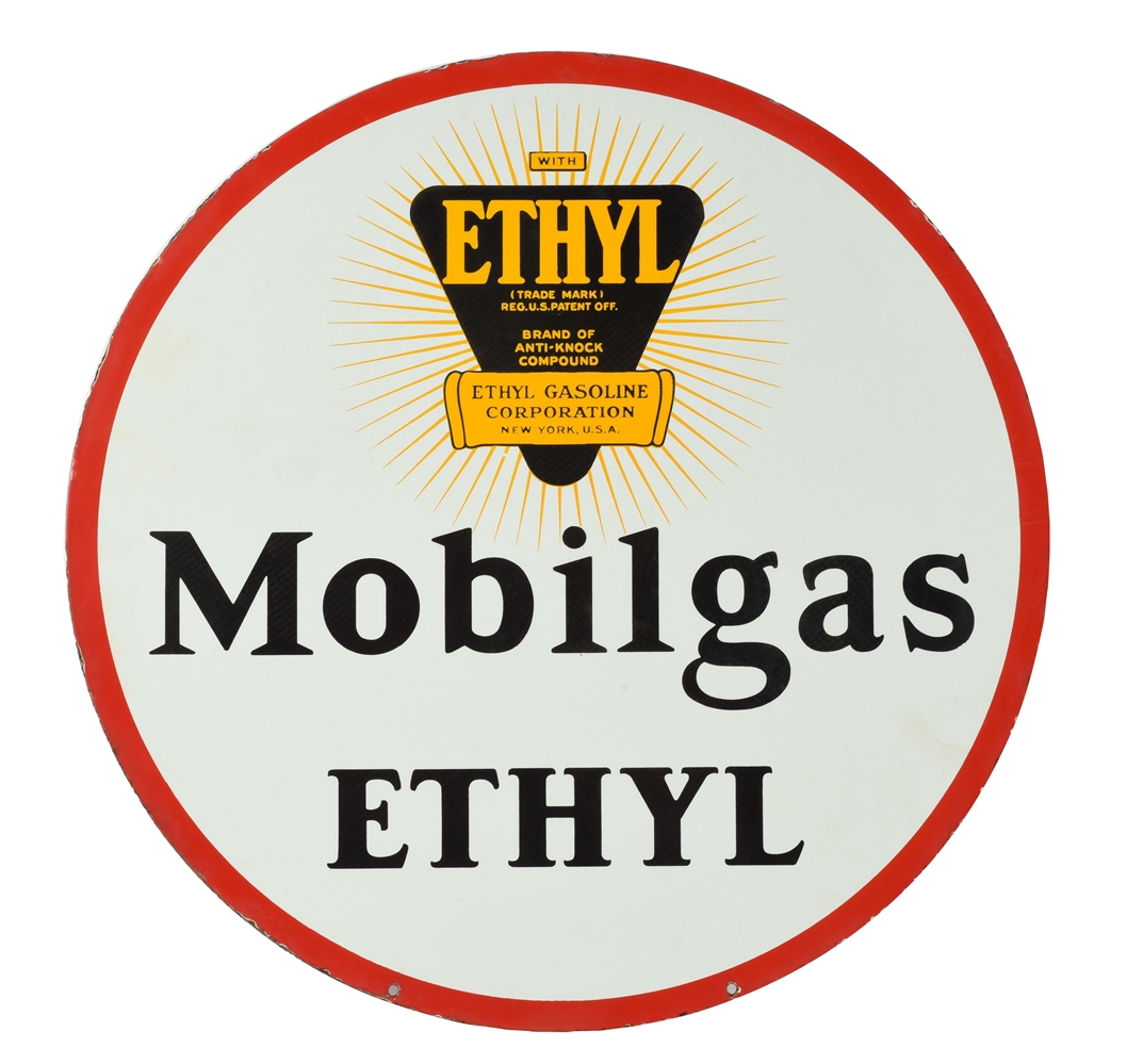 MOBILGAS ETHYL PORCELAIN CURB SIGN WITH ETHYL BURST GRAPHIC.