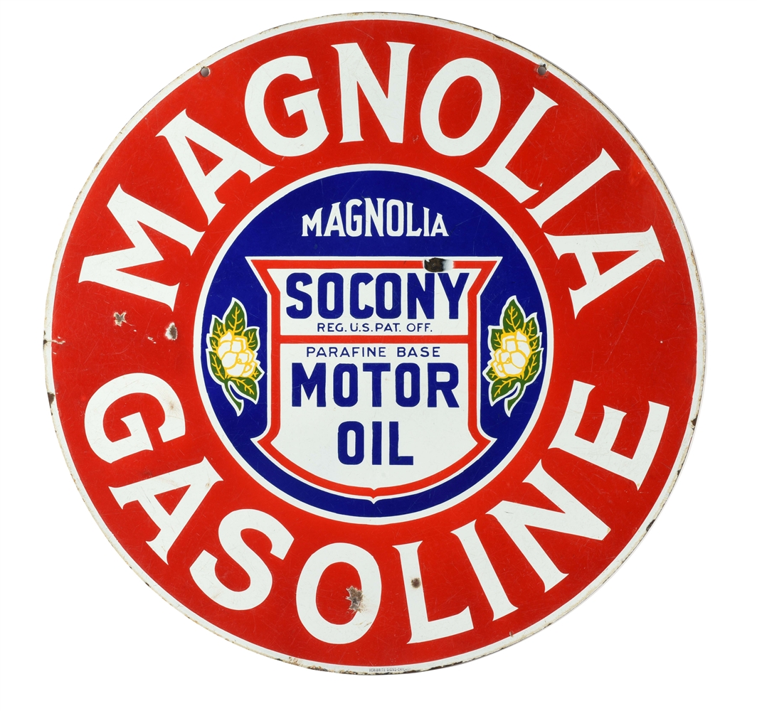 RARE MAGNOLIA GASOLINE & SOCONY MOTOR OIL PORCELAIN CURB SIGN WITH SOCONY SHIELD GRAPHIC.