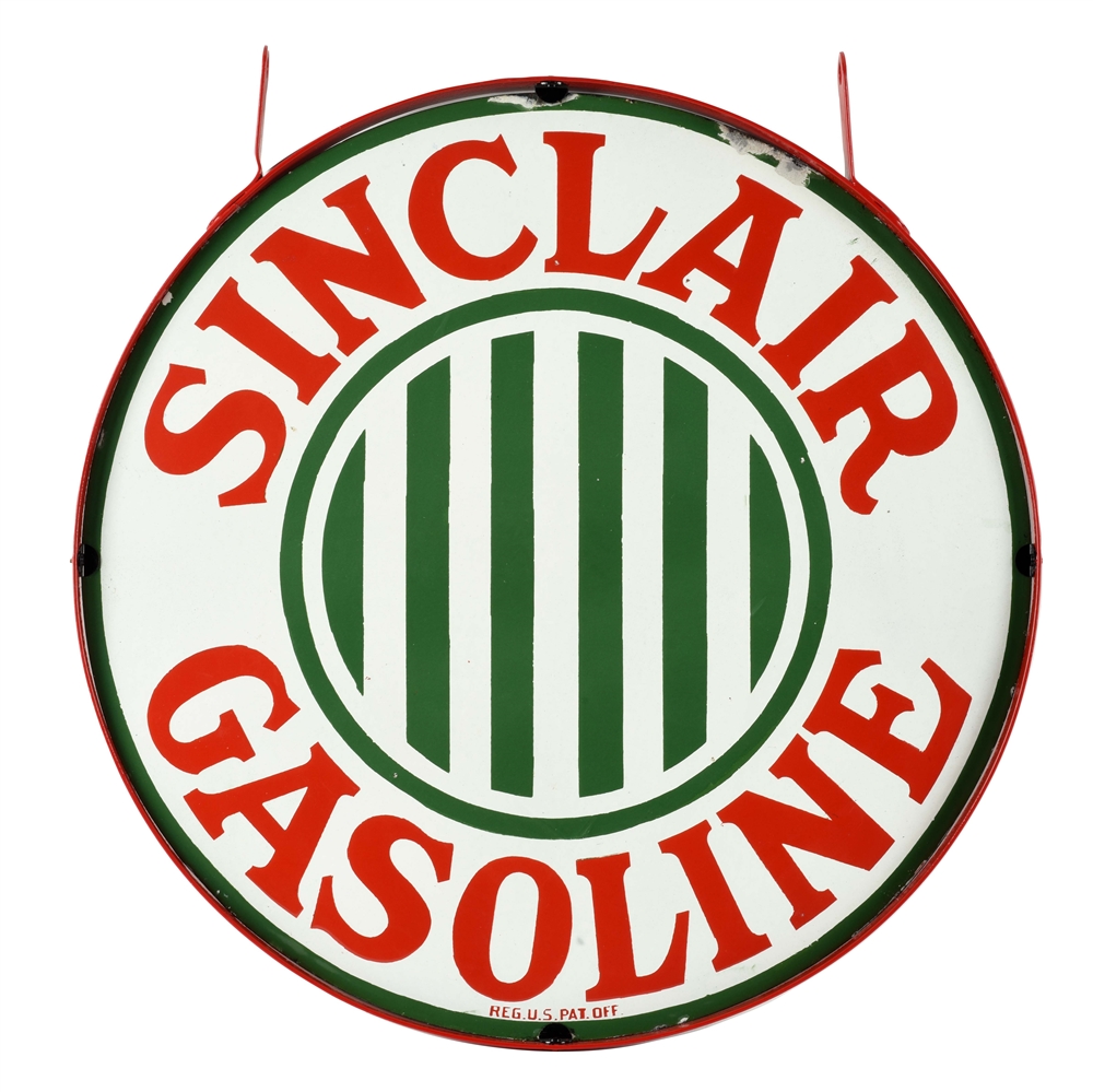 VERY RARE SINCLAIR GASOLINE 30" PORCELAIN CURB SIGN WITH BAR GRAPHIC.