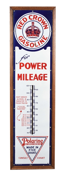 RED CROWN GASOLINE FOR POWER MILEAGE & POLARINE MOTOR OIL PORCELAIN THERMOMETER.