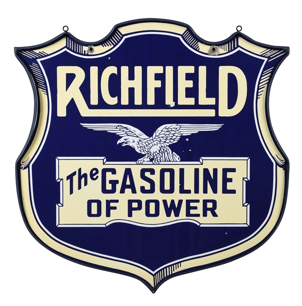 OUTSTANDING RICHFIELD GASOLINE OF POWER PORCELAIN SHIELD SIGN WITH EAGLE GRAPHIC.