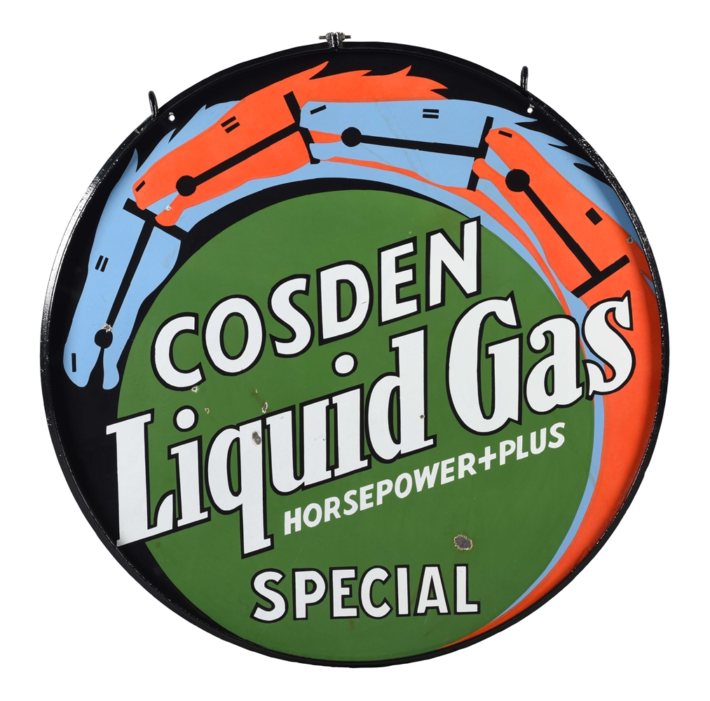 RARE COSDEN GASOLINE LIQUID GAS HORSEPOWER PLUS SPECIAL PORCELAIN SIGN WITH HORSE GRAPHICS. 