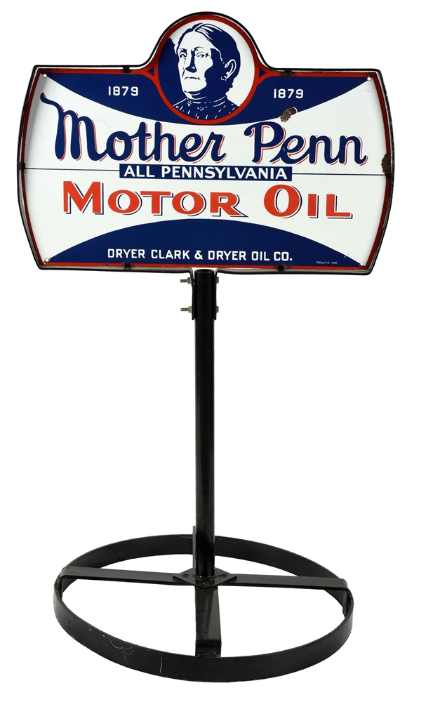 VERY RARE MOTHER PENN MOTOR PORCELAIN CURB SIGN WITH MOTHER PENN GRAPHIC.