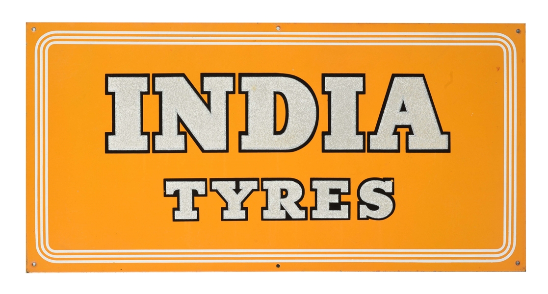 INDIA TYRES PORCELAIN SIGN WITH SCHMALTZ PAINTED REFLECTIVE LETTERING. 