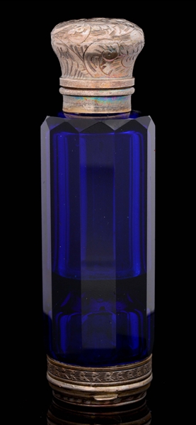 SILVER & BLUE COBALT GLASS VINAIGRETTE & PERFUME BOTTLE.