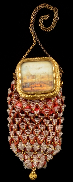RARE VINAIGRETTE BEADED PURSE WITH PAINTED IVORY TOP. 
