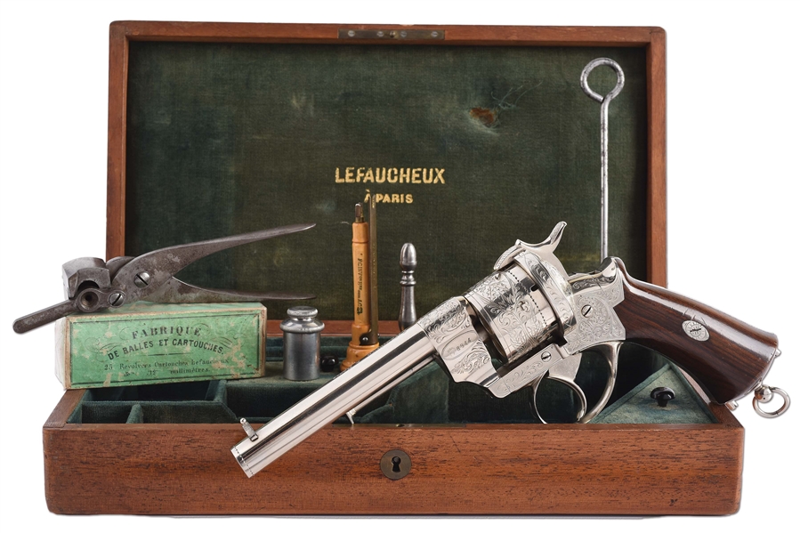 (A) LEFAUCHEAUX CASED DOUBLE ACTION ENGRAVED PINFIRE REVOLVER WITH ACCESSORIES.