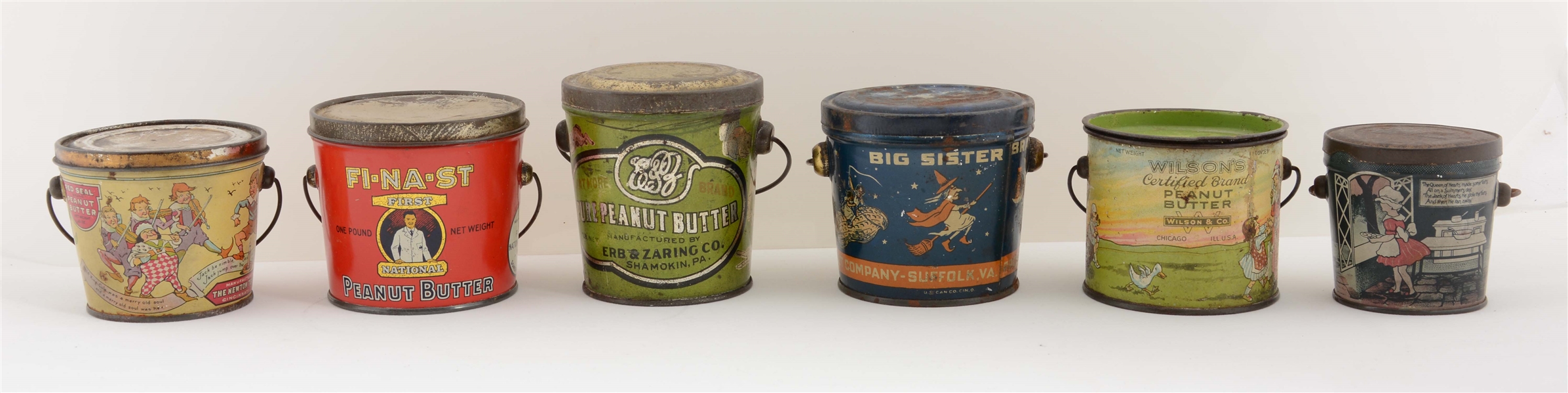 LOT OF 6: EARLY PEANUT BUTTER TINS.