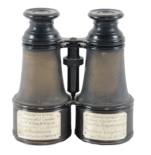 BINOCULARS PRESENTED BY THE CANADIAN GOVERNMENT TO AN AMERICAN FOR SEA RESCUE IN 1872.