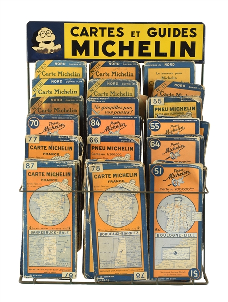 MICHELIN TIRES MAP RACK WITH TIN SIGN & MAPS.