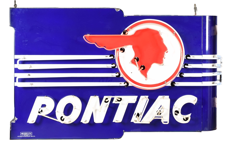 OUTSTANDING PONTIAC DOUBLE SIDED PORCELAIN NEON DEALERSHIP SIGN WITH PORCELAIN BULLNOSE. 