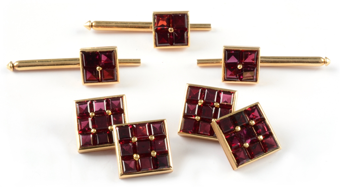 LOT OF 5: 14K YELLOW GOLD & GARNET CUFF LINKS AND STUDS.