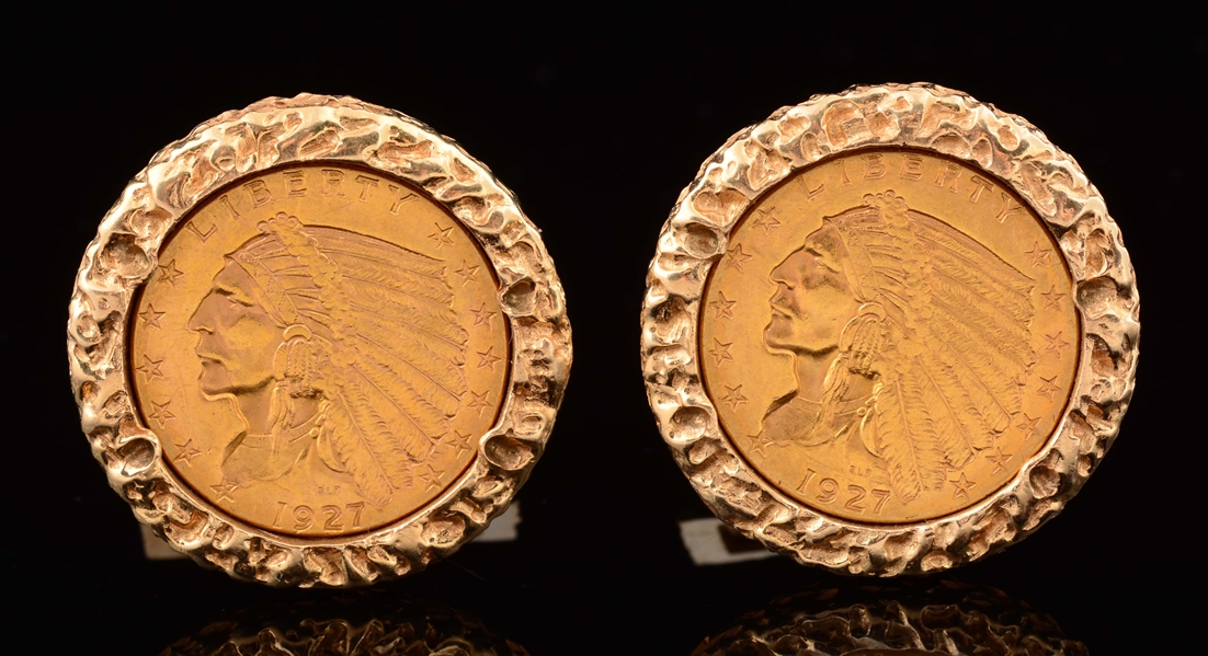 PAIR OF 14K YELLOW GOLD CUFF LINKS WITH $5 COIN.