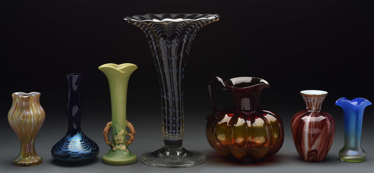 COLLECTION OF SIX VASES AND A PITCHER.