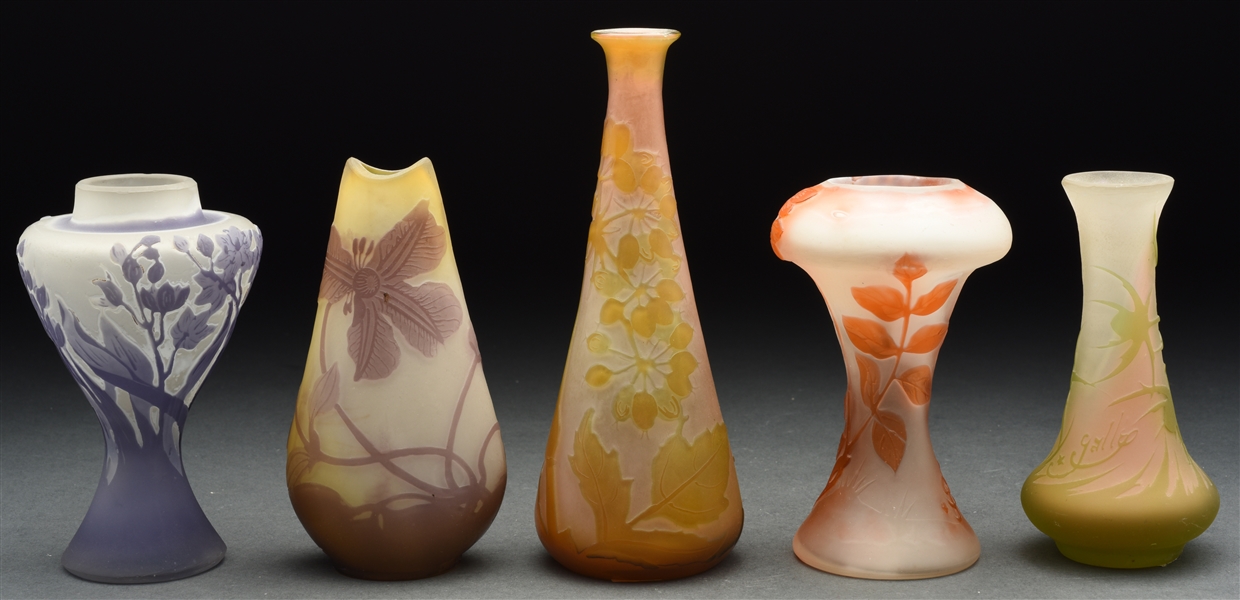 LOT OF FIVE GALLE CAMEO VASES.