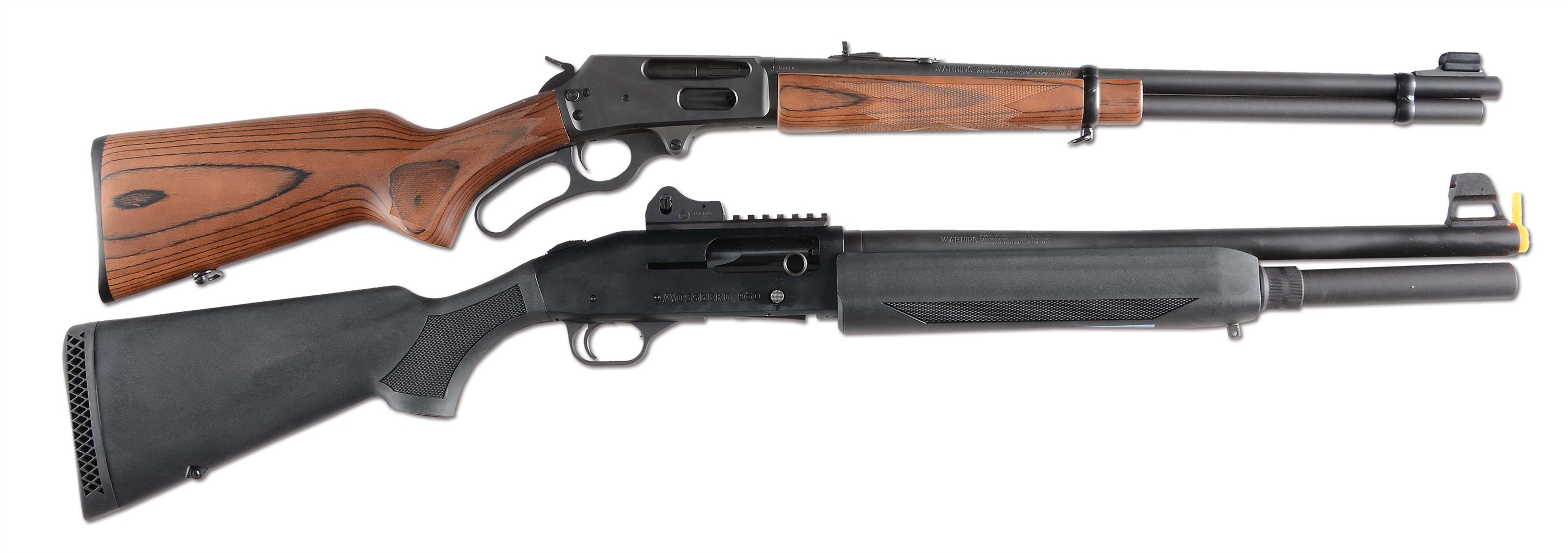(M) LOT OF 2: MOSSBERG SEMI-AUTOMATIC SHOTGUN AND A MARLIN LEVER ACTION RIFLE.