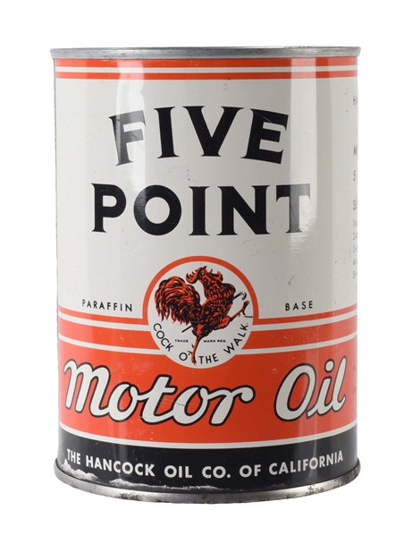 RARE HANCOCK FIVE POINT MOTOR OIL ONE QUART CAN WITH ROOSTER GRAPHIC.