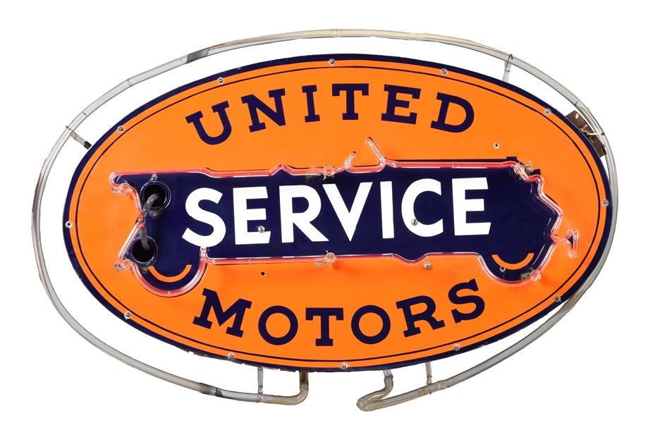 OUTSTANDING UNITED MOTORS SERVICE PORCELAIN NEON SIGNS ON ORIGINAL CAN. 