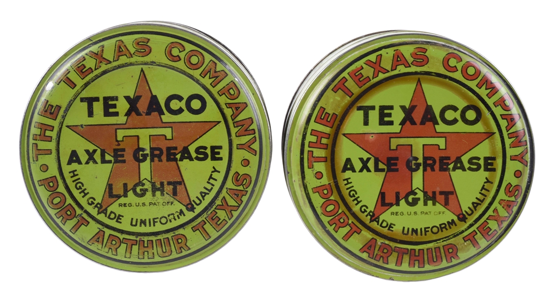 LOT OF 2: TEXACO AXLE GREASE ONE POUND CANS WITH GRAPHIC LIDS.