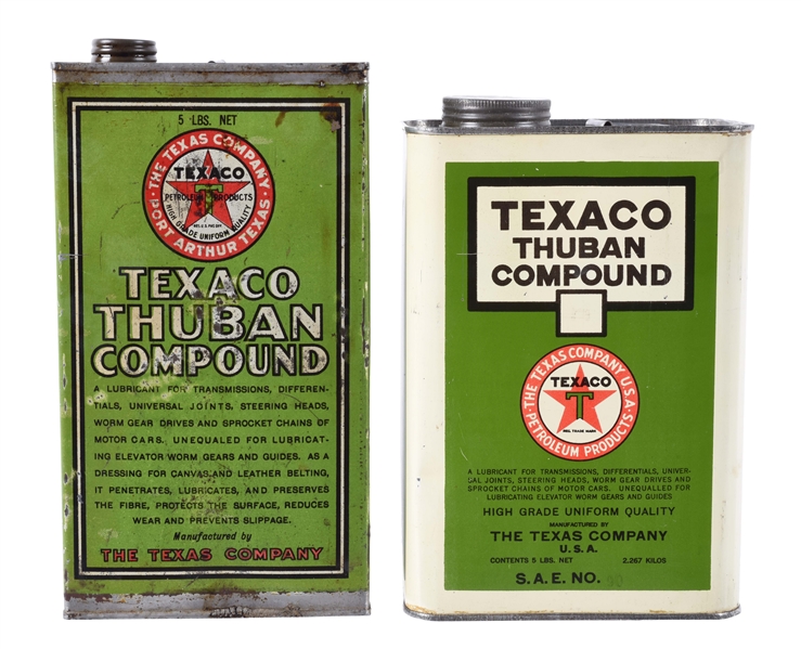 LOT OF 2: TEXACO THUBAN COMPOUND FIVE POUND CANS. 