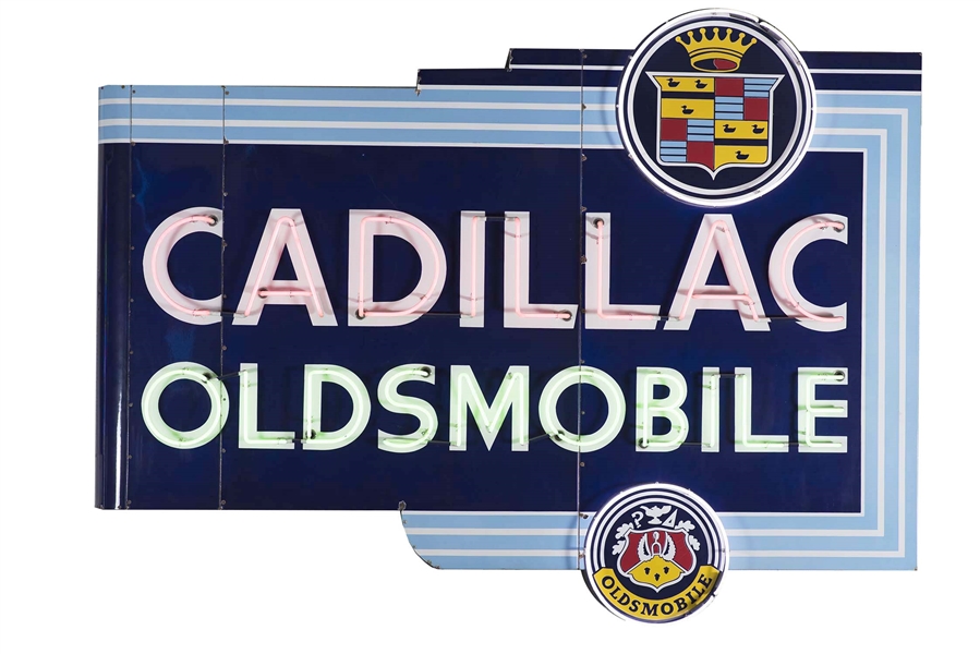 LARGE CADILLAC & OLDSMOBILE FOUR PIECE PORCELAIN NEON SIGN WITH DUAL GRAPHIC. 