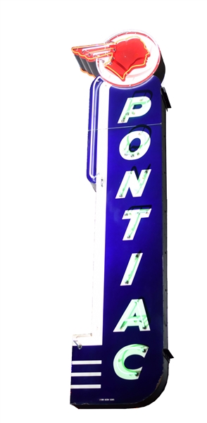 COMPLETE PONTIAC FULL FEATHER VERTICAL PORCELAIN NEON SIGN.  