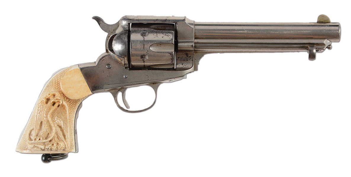 (A) REMINGTON MODEL 1888 SINGLE ACTION REVOLVER WITH CARVED IVORY GRIPS.