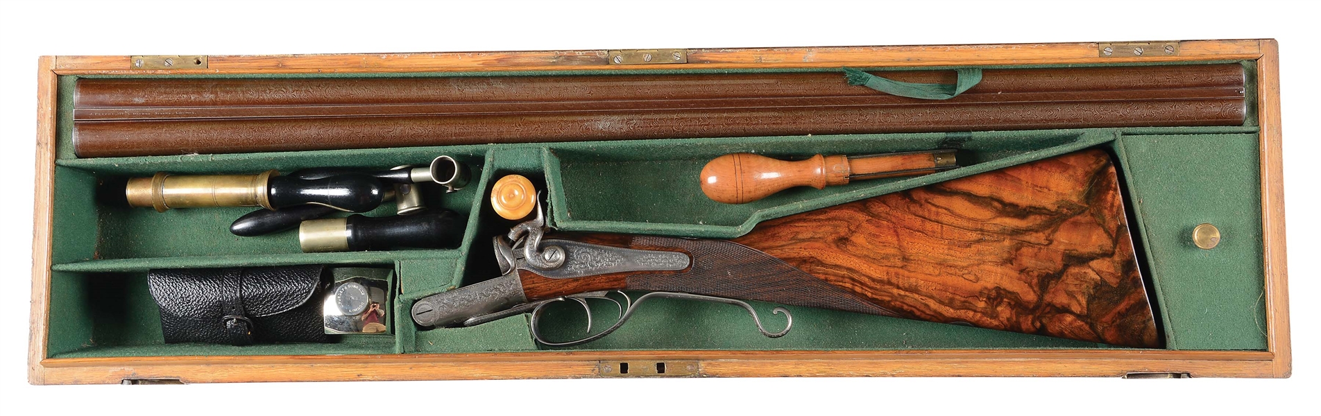 (A) ATTRACTIVE HIGH CONDITION JAMES PURDEY HAMMER SIDE BY SIDE SHOTGUN INCORPORATING UNUSUAL LONG GUARD LEVER WITH CASE AND ACCESSORIES.  