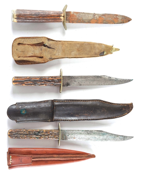 LOT OF 3: HUNTING KNIVES ONCE OWNED BY A.W. DU BRAY - FAMOUS PARKER GUN SALESMAN AND SHOOTER.