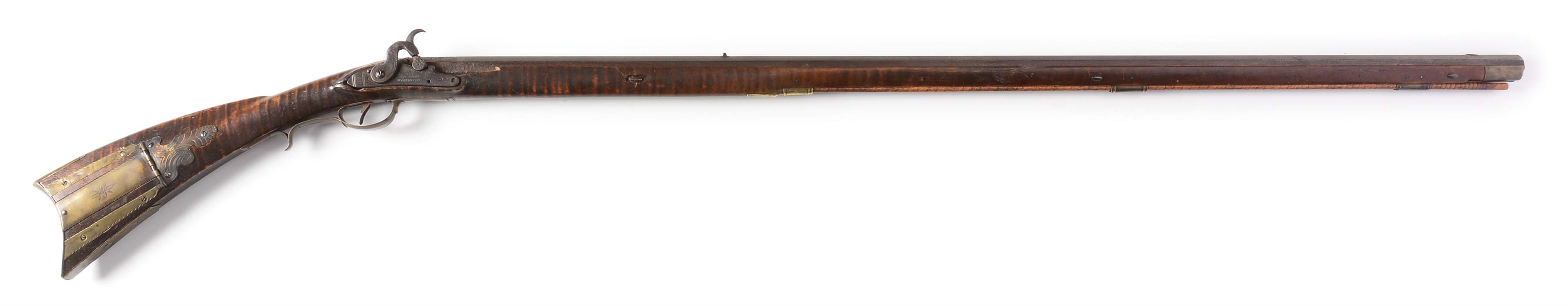 (A) FULLSTOCK MILITIA-STYLE PERCUSSION KENTUCKY RIFLE BY J.S. BAKER.