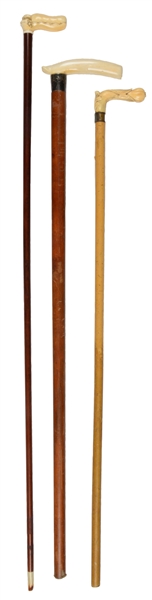 LOT OF 3: IVORY ANTIQUE WALKING STICK CANES.