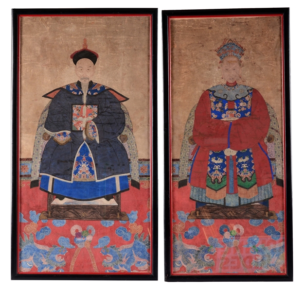PAIR CHINESE ANCESTRAL PORTRAITS.