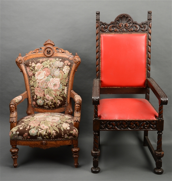 LOT OF 2: EASTLAKE VICTORIAN WALNUT ARMCHAIR WITH JENNY LIND BUST CARVINGS AND A JACOBEAN STYLE CANED BEECH ARMCHAIR.