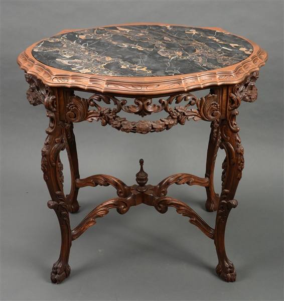 RENAISSANCE REVIVAL WALNUT TURTLE TOP TABLE WITH INSET BLACK & GOLD MARBLE.