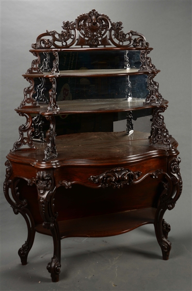 FINE RENAISSANCE VICTORIAN ROSEWOOD AND WALNUT ETAGERE.